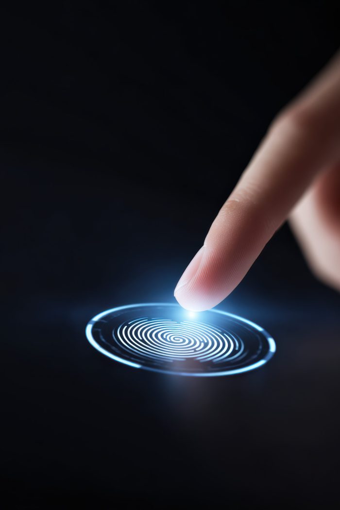 finger pressing futuristic digital fingerprint scanner for security and identification. biometric technology providing secure access and unlocking system with simple touch